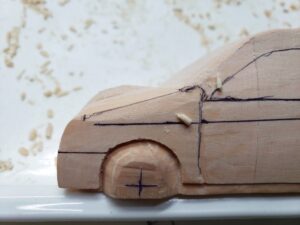 マニアモデルファイル 愛車 旧規格 ＨA21SHB11S スズキ アルトワークス の自作 ミニカー 模型作り -ボンネット右側の削り (1)