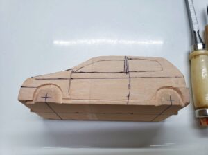 マニアモデルファイル 愛車 旧規格 ＨA21SHB11S スズキ アルトワークス の自作 ミニカー 模型作り -左前フェンダーの削り追加 (1)