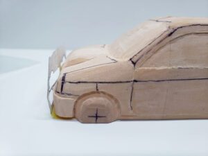 愛車 模型作り-旧規格 ＨA21S- HB11S スズキ アルトワークス の自作 ミニカー 前側と角の確認と削りの追加 (3)