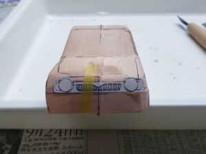 愛車 模型作り-旧規格 ＨA21S- HB11S スズキ アルトワークス の自作 ミニカー 左前のフロントマスクのケガキ (1)